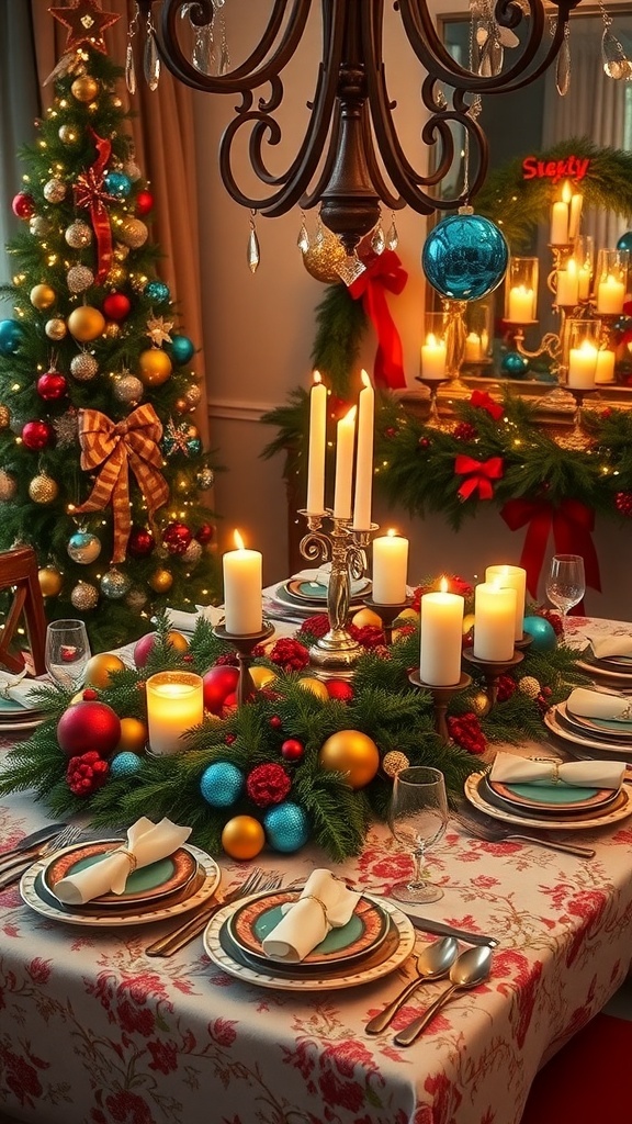 Festive Christmas Table Decorations with Ornaments A festive Christmas table setting with ornaments, candles, and greenery.